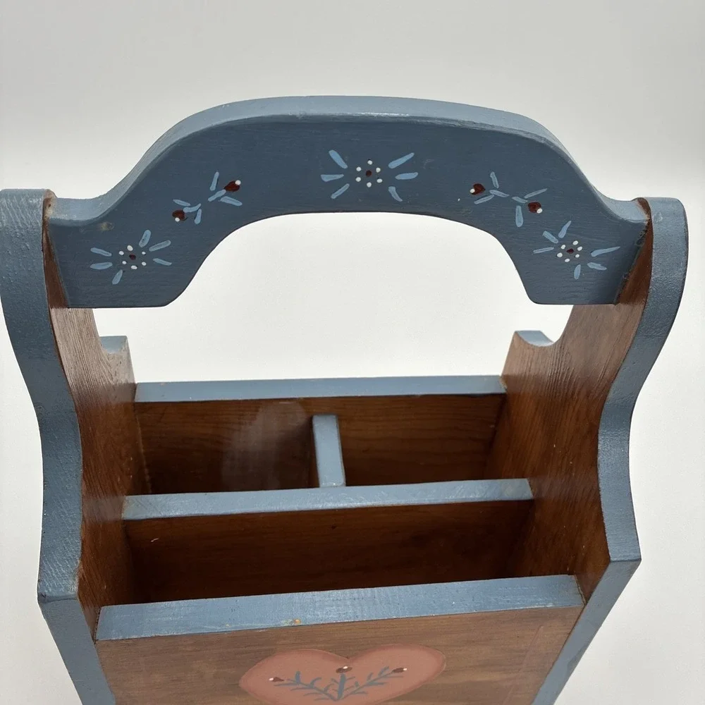 Vtg Hand Painted Wooden Caddy Folk Art Heart Duck Country‎ craft Organizer Blue
